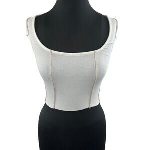 NEW Isalis White Cap Sleeve Scoop Neck Cropped Elise Exposed Stitch Tee Size S